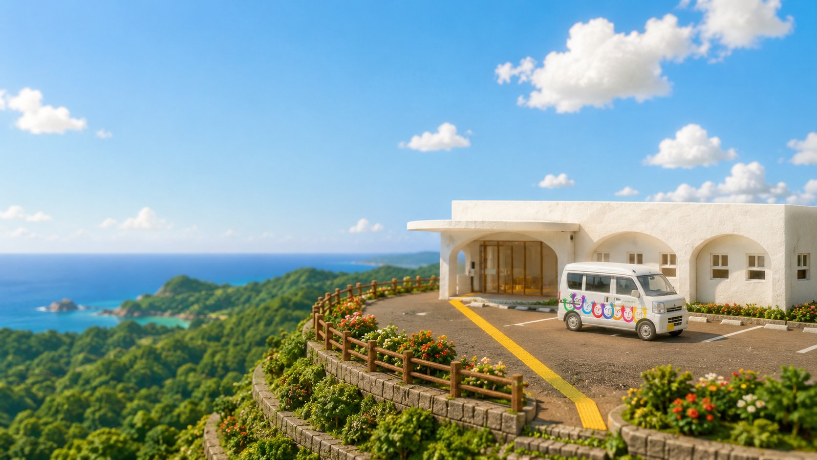 やんばるの海と森を見晴らす高台に建つ、看護小規模多機能型居宅介護「はなはなのおうち」の白い建物と送迎車